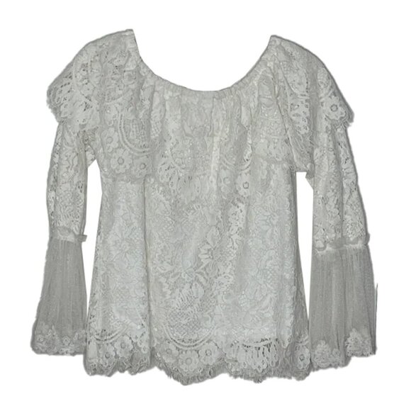 ❤️ 🆕 WHY DRESS Elegant off shoulder White Lace Women's Top With Bell Sleeves M - Picture 1 of 5